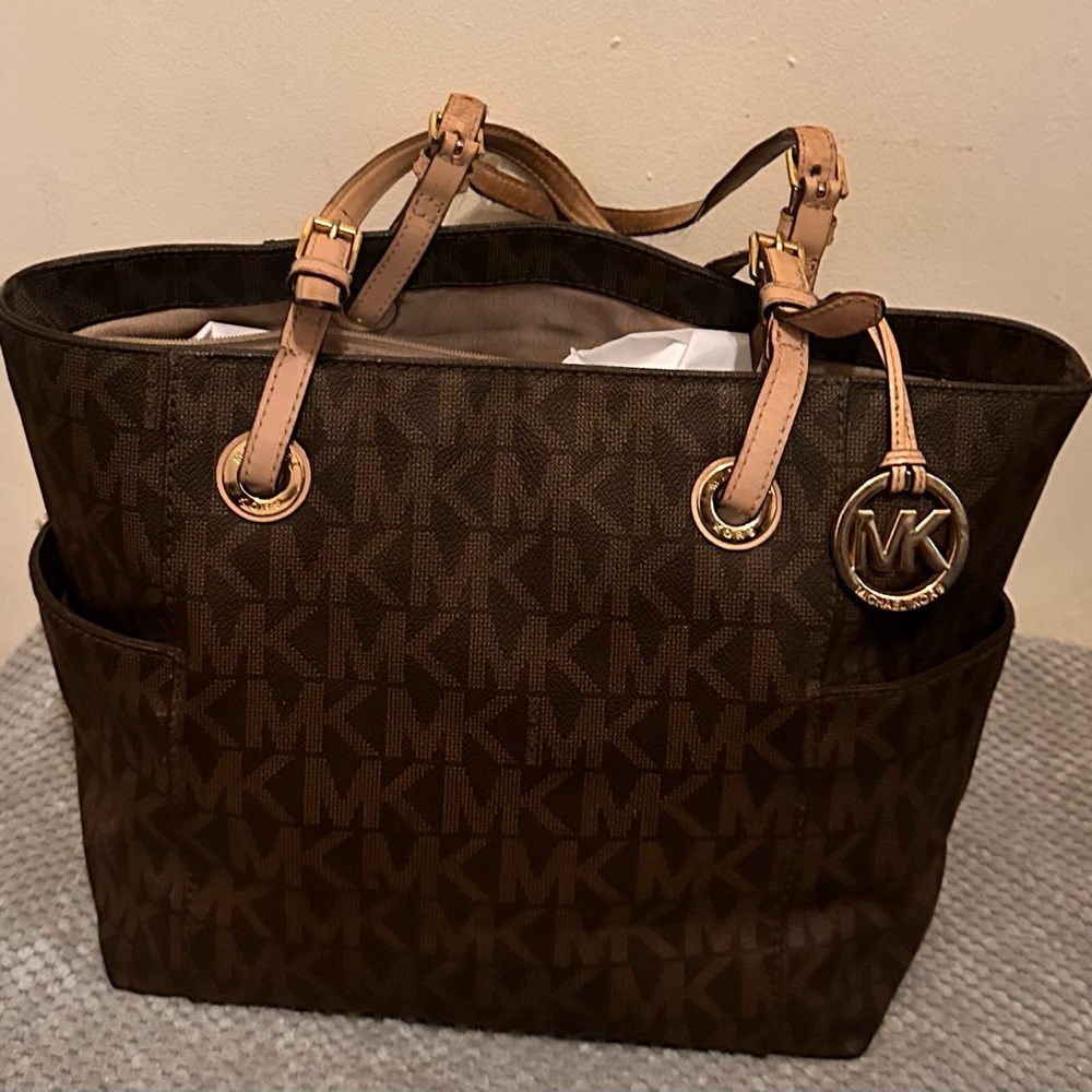 Michael Kors Dark Brown MK Monogram Tote with Tan Handles